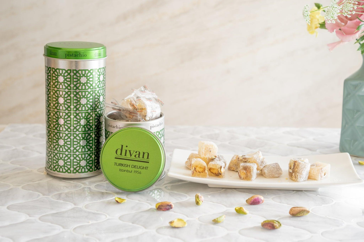 Divan Luxury Turkish Delights - Double Roasted Pistachio Tin Box, individually wrapped - leonidasbrighton.co.uk - Leonidas Brighton