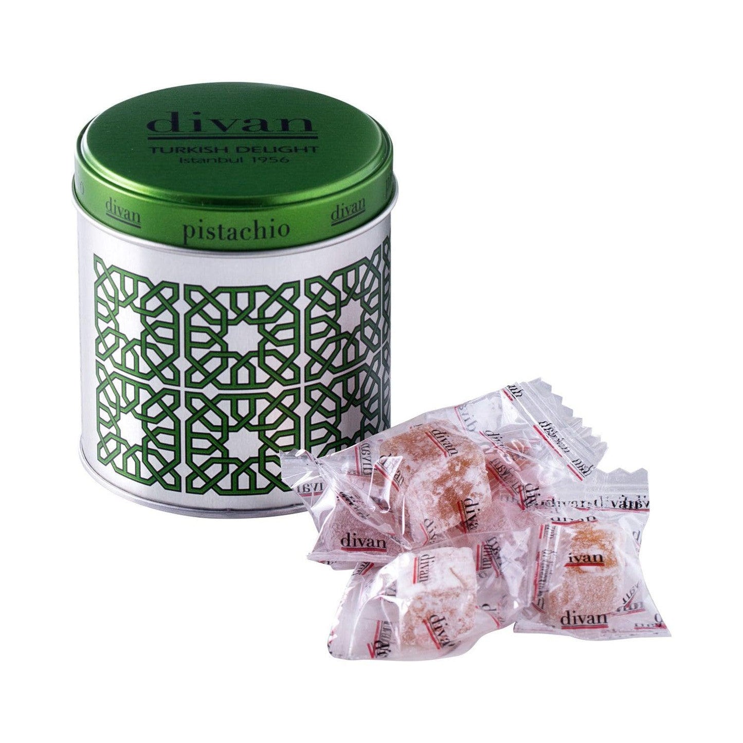 Divan Luxury Turkish Delights - Double Roasted Pistachio Tin Box, individually wrapped - leonidasbrighton.co.uk - Leonidas Brighton