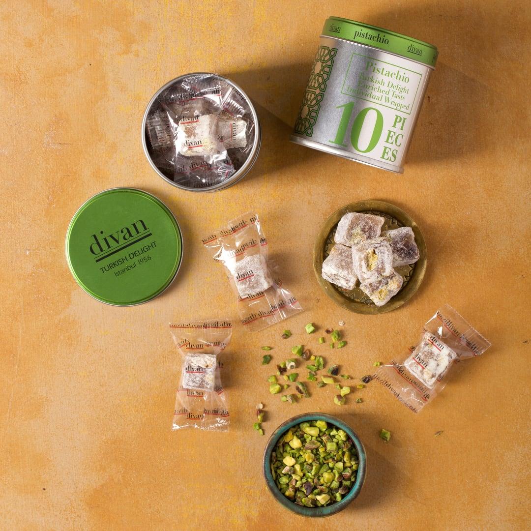 Divan Luxury Turkish Delights - Double Roasted Pistachio Tin Box, individually wrapped - leonidasbrighton.co.uk - Leonidas Brighton