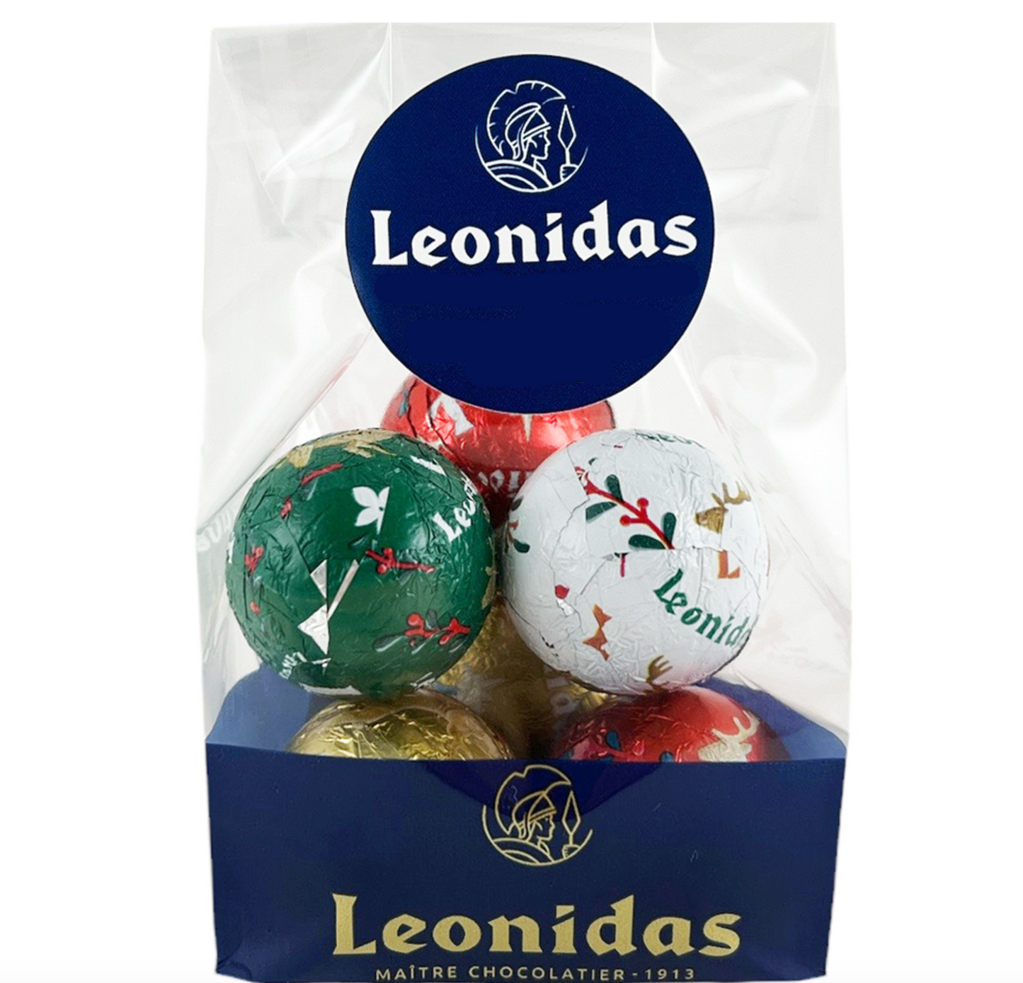 Leonidas chocolate balls in a clear packaging with visible branding.