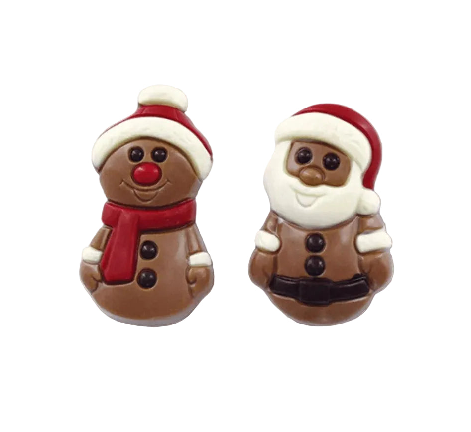 Two small holiday-themed figurines or charms shaped like a gingerbread man and Santa Claus, shown on a plain light background.