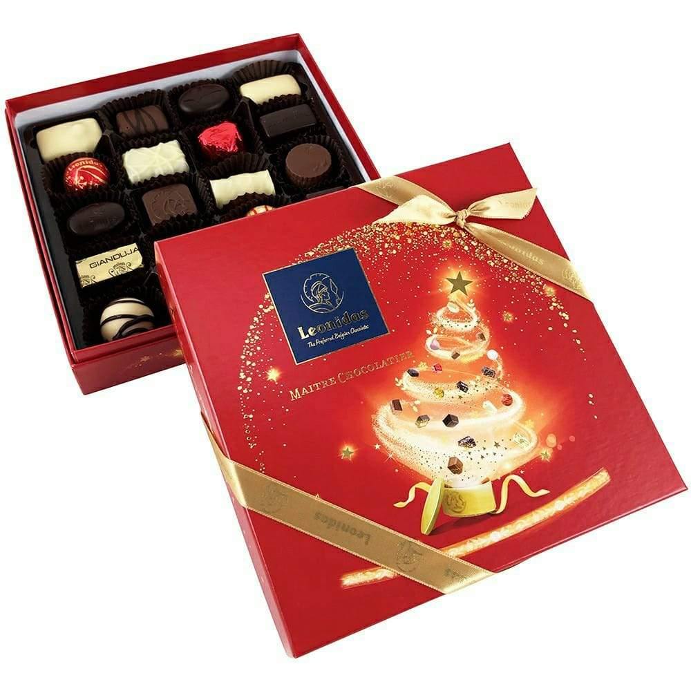 Christmas Red Festive Square Box M, Leonidas Christmas Chocolate Box - leonidasbrighton.co.uk - Leonidas Brighton
