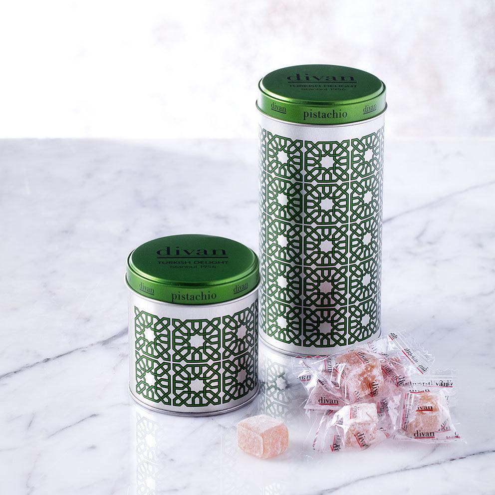 Divan Luxury Turkish Delights - Double Roasted Pistachio Tin Box, individually wrapped - leonidasbrighton.co.uk - Leonidas Brighton