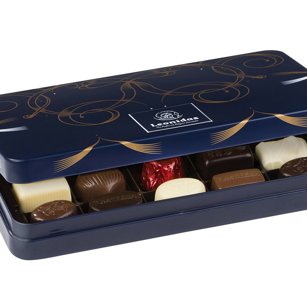 Luxury Blue Tin Large with Leonidas Assortment Chocolates - leonidasbrighton.co.uk - Leonidas Brighton