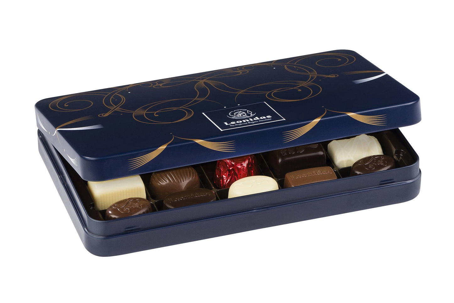 Luxury Blue Tin Large with Leonidas Assortment Chocolates - leonidasbrighton.co.uk - Leonidas Brighton